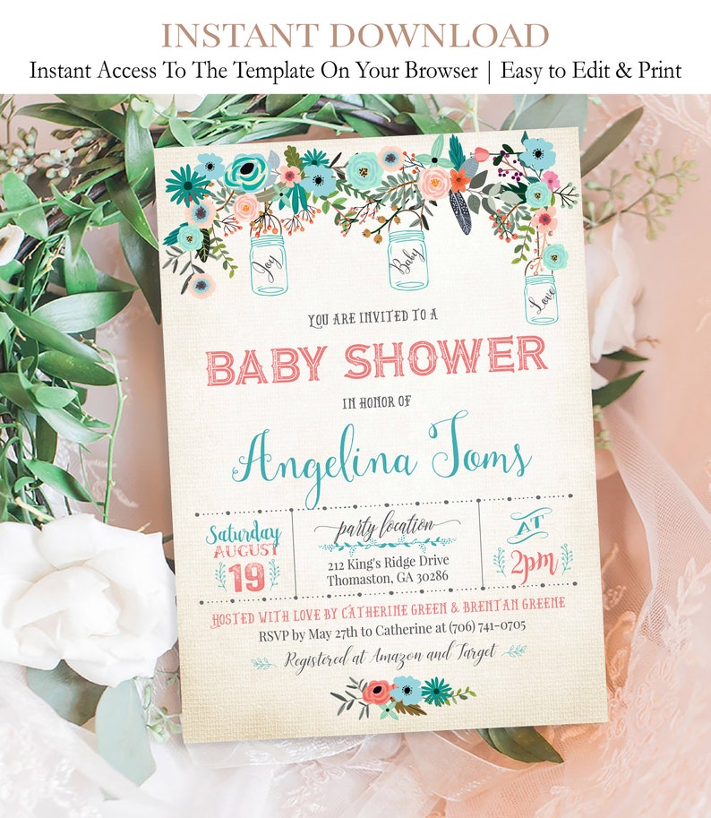 Printable Mason Jar Baby Shower Invitation Baby Boy Floral Etsy
