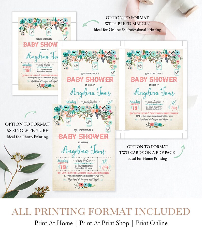 Printable Mason Jar Baby Shower Invitation Baby Boy Floral Etsy
