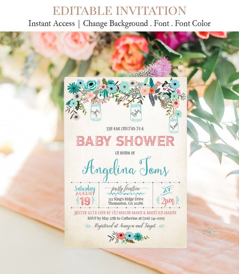 Printable Mason Jar Baby Shower Invitation Baby Boy Floral Etsy