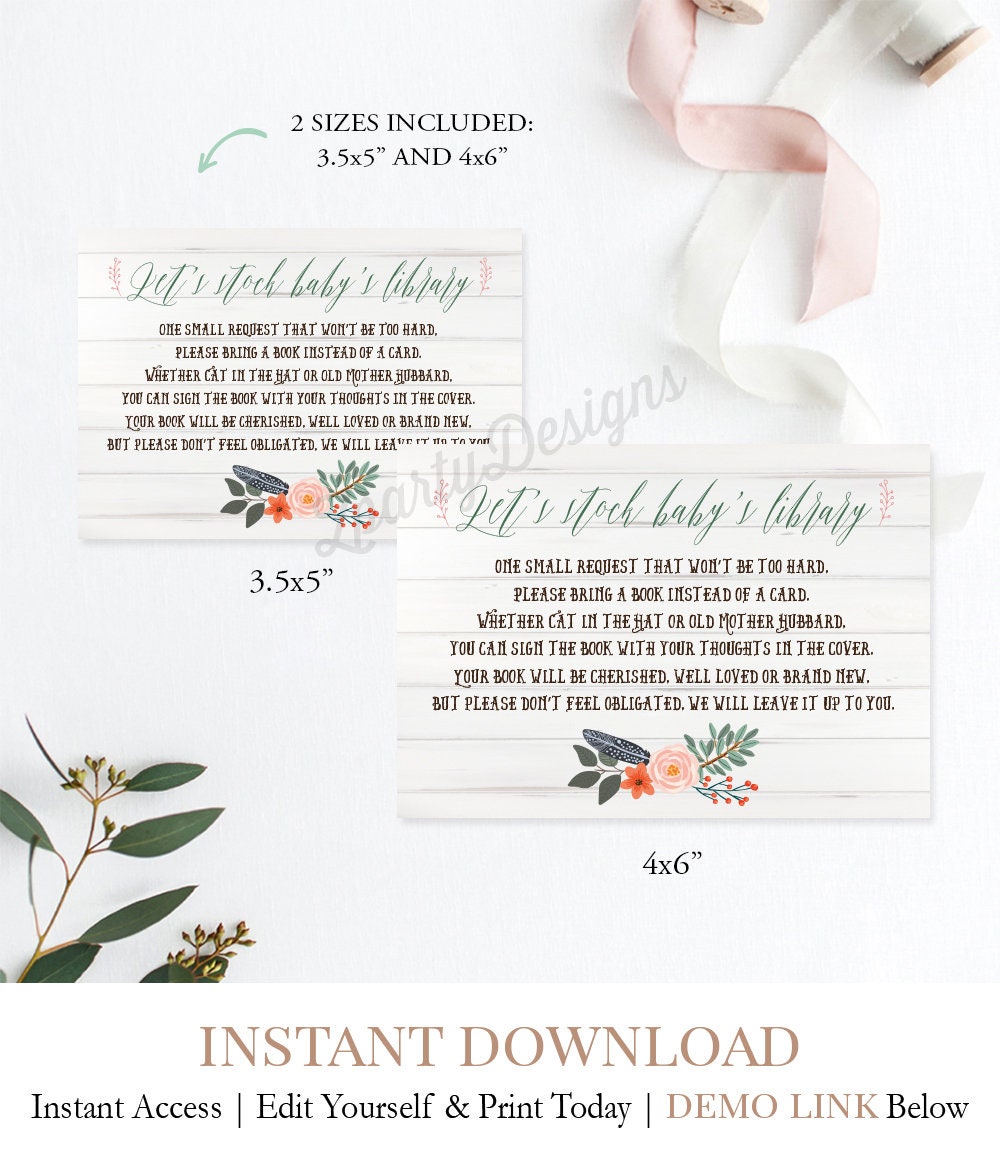 Rustic Baby Library Card Printable Bring a Book Card Boho | Etsy