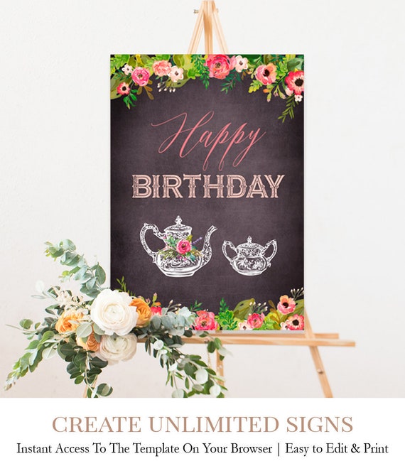 Editable Tea Party Sign Rustic Happy Birthday Sign Birthday Etsy
