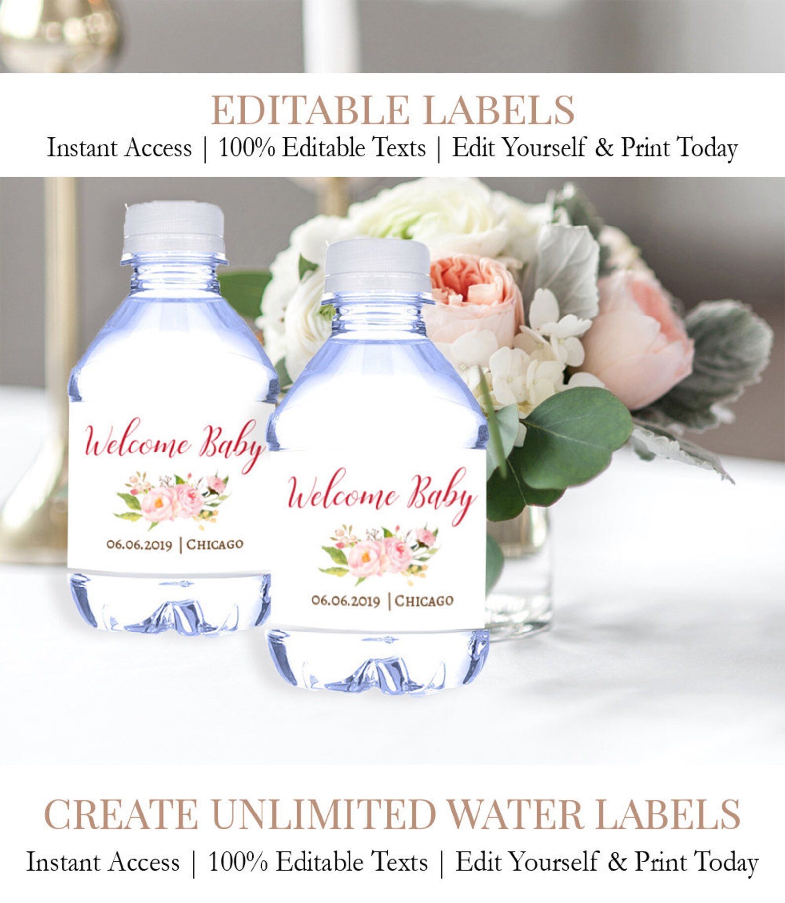 Baby Shower Water Bottle Labels Template Baby Girl Baby Etsy