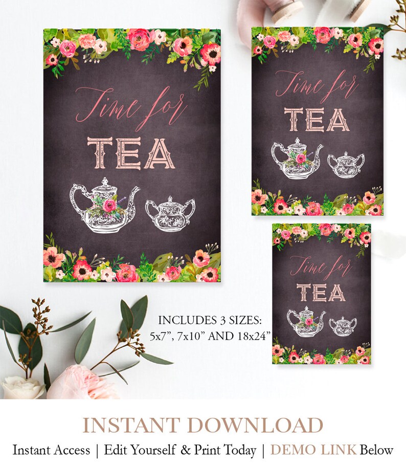Time for Tea Sign CUSTOMIZABLE Rustic Floral Sign Tea Party Brunch Sign Wooden Party Printable C9 Bridal Brunch Sign Shower Brunch Sign