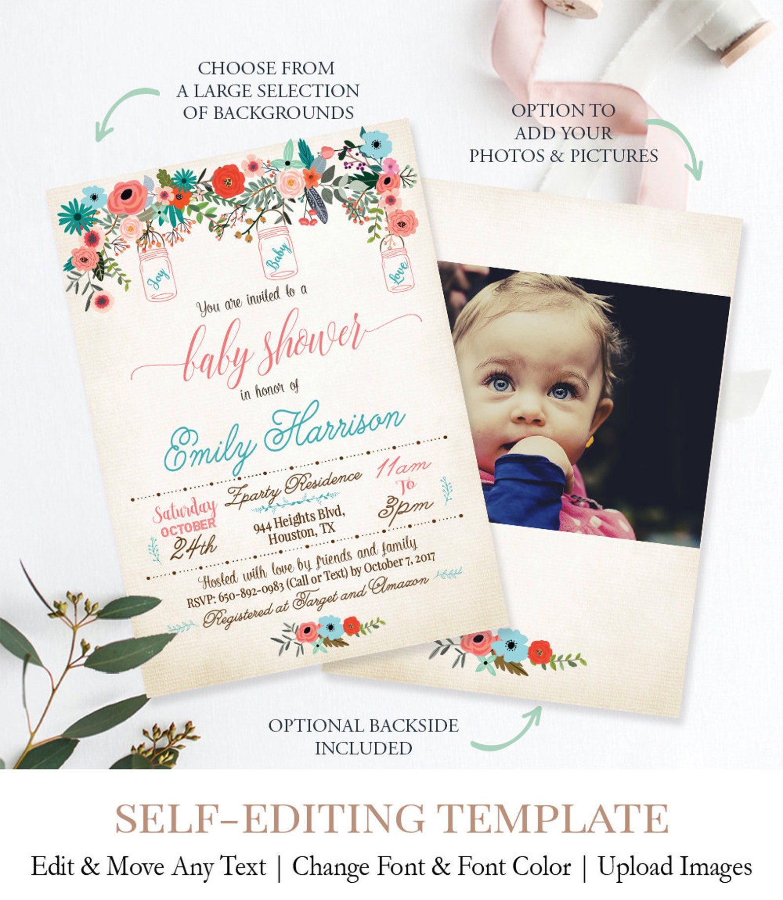 Mason Jar Baby Shower Invitation Printable Floral Baby Girl Etsy