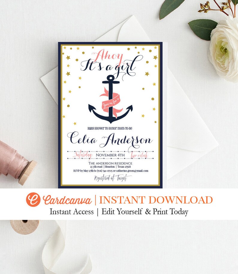 Nautical Anchor Baby Shower Invitation Pink Anchor Baby Etsy