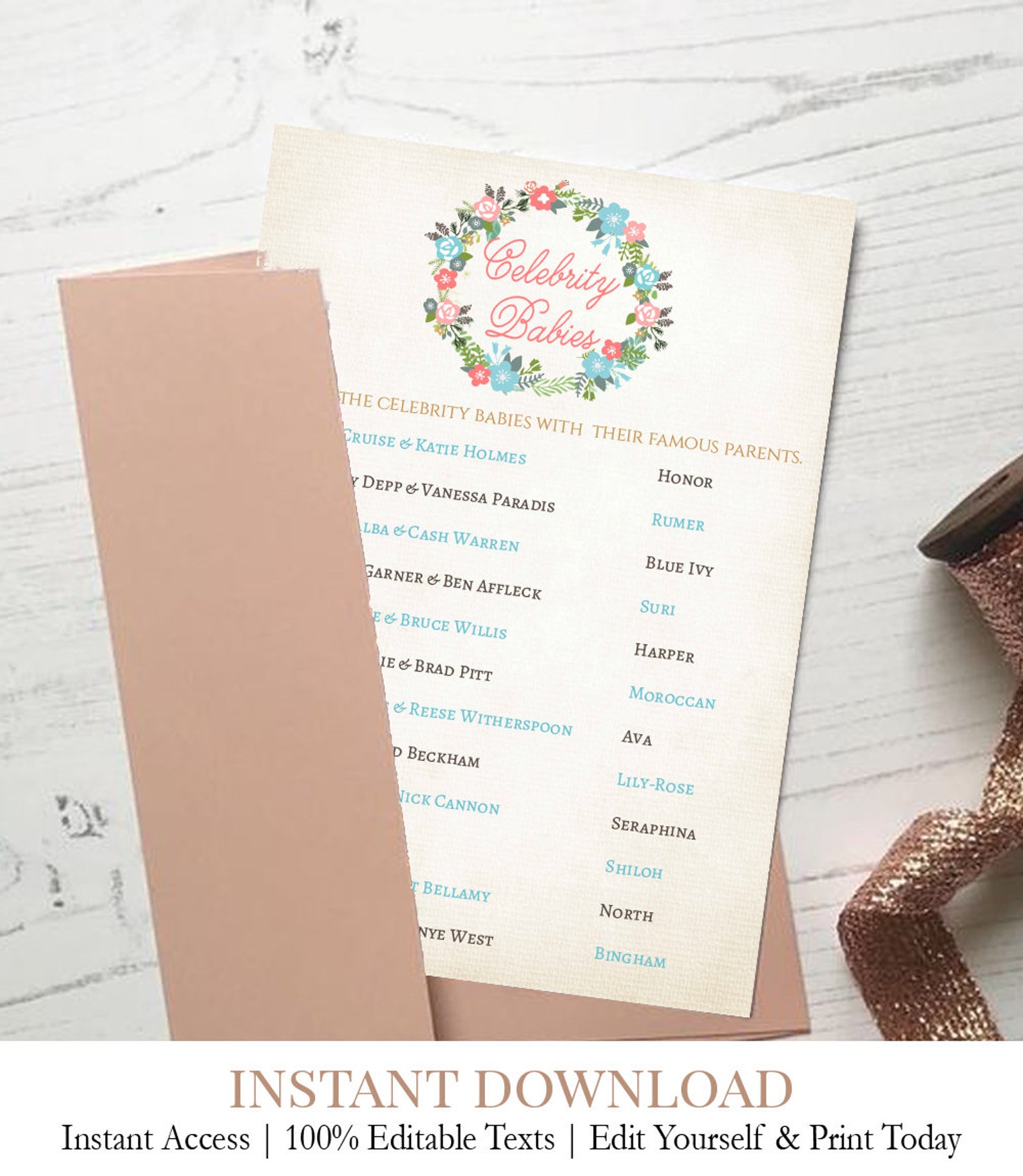 Rustic Celebrity Baby Games Printable Celebrity Names Game | Etsy