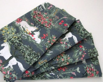 Cloth Napkins - Set of 4 - Gray Green Pink Yellow White Unicorns Animals Forest Woodland Trees Flowers Floral - Large Dinner, Table Napkins