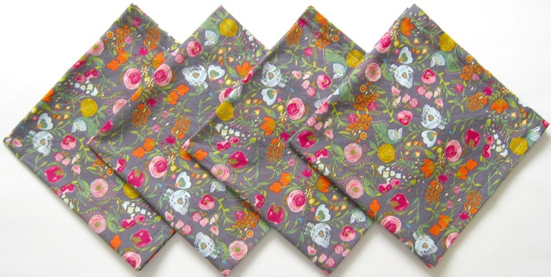 Cloth Napkins Set of 4 Gray Pink Red Blue Gold Flowers Wedding, Dinner, Table, Everyday image 4