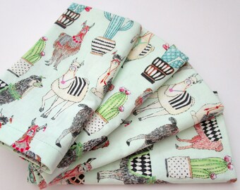 Cloth Napkins - Green, Pink, Black Llamas, Animals - Dinner, Table, Everyday, Wedding - Hostess Housewarming Realtor Gift