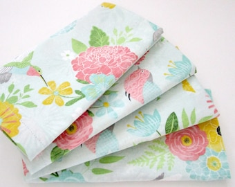 Large Cloth Napkins - Set of 4 - Blue Pink Yellow Flowers Floral Hummingbirds Birds- Dinner, Everyday, Wedding, Table - Hostess Gift