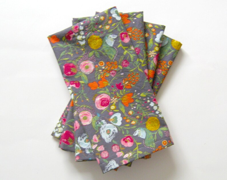 Cloth Napkins Set of 4 Gray Pink Red Blue Gold Flowers Wedding, Dinner, Table, Everyday image 3