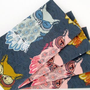 Cloth Napkins - Sets of 4 - Blue Pink Gold Owls  - Dinner, Table, Everyday, Wedding