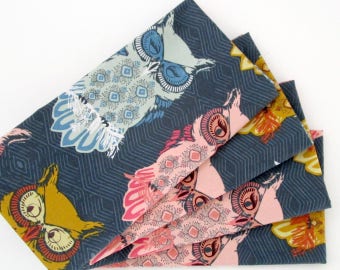 Cloth Napkins - Sets of 4 - Blue Pink Gold Owls  - Dinner, Table, Everyday, Wedding