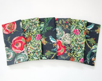 Cloth Napkins - Set of 6 - Large Dinner Table Napkins - Dark Blue Green Birds Flowers Floral - Mismatched, Assorted, Variety - Housewarming