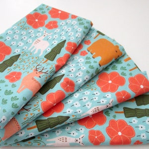 Cloth Napkins - Turquoise Blue, Pink, Orange, Green Animals, Woodland, Bear, Deer, Flowers, Trees, Forest - Dinner, Table, Everyday, Wedding