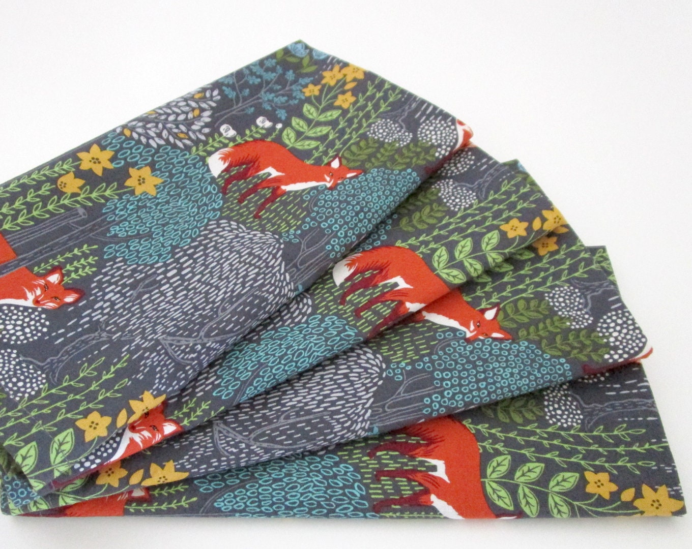 Cloth Napkins - Sets of 4 - Foxes Gray Orange Blue Yellow Trees Forest Flowers - Dinner Table, Everyday, Wedding - Hostess Housewarming Gift