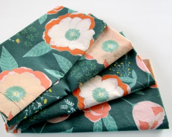 Cloth Napkins - Set of 4 - Green Orange Pink Floral Flowers - Large Dinner Napkins, Table Napkins, Everyday Napkins, Wedding Napkins