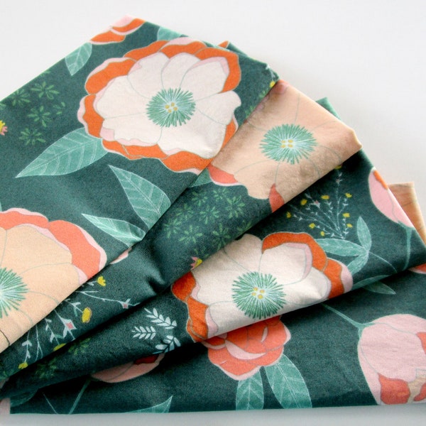 Cloth Napkins - Set of 4 - Green Orange Pink Floral Flowers - Large Dinner Napkins, Table Napkins, Everyday Napkins, Wedding Napkins