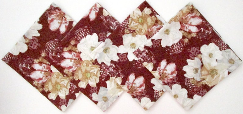 Dinner Dark Red Maroon Cranberry White Gold Beige Flowers Floral Set of 4 Cloth Napkins Everyday Wedding Table