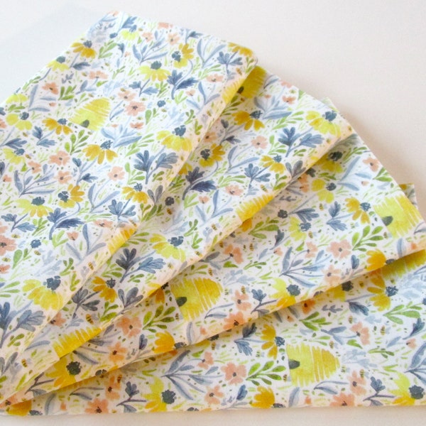 Cloth Napkins - Sets of 4 - White Blue Yellows Beehives Bees Flowers Floral  - Dinner, Table, Everyday, Wedding - Hostess Gift