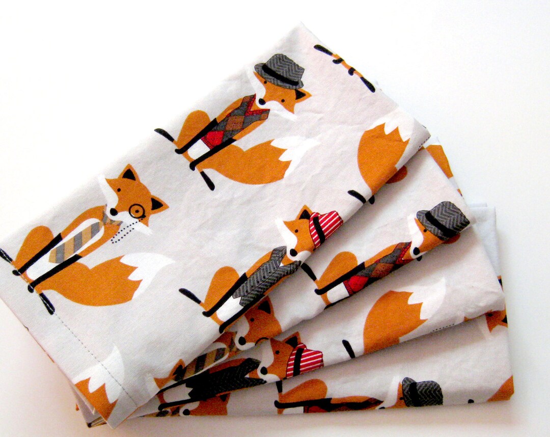 Cloth Napkins - Sets of 4 - Dapper Foxes Gray Orange Black - Dinner, Table, Everyday, Wedding