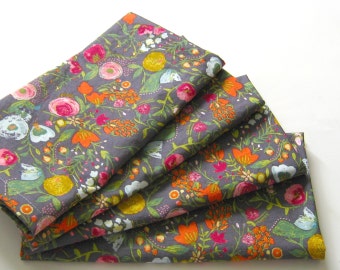 Cloth Napkins - Set of 4 - Gray Pink Red Blue Gold Flowers  - Wedding, Dinner, Table, Everyday