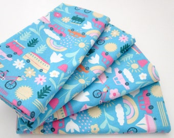 Cloth Napkins - Turquoise Blue Buses Cars Bikes Boats Rainbows Yellow Pink  - Dinner, Table, Everyday, Wedding - Hostess Housewarming Gift