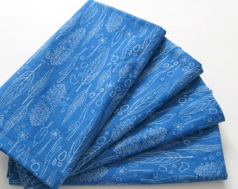 Large Cloth Napkins - Set of 4 - Blue Feathers Pine Cones and Twigs