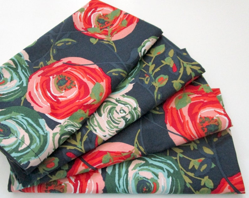 Large Cloth Napkins Set of 4 Blue Red Pink Green Turquoise Flowers Floral Dinner, Everyday, Wedding, Table Hostess Gift image 1