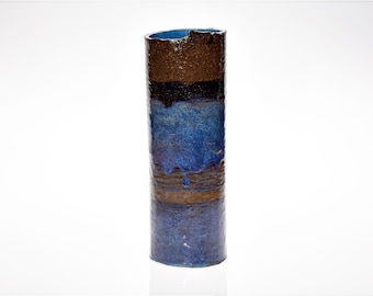 Cylindrical vase in stoneware and blue enamel – contemporary ceramic sculpture, blue and brown vase, decorative vase, modern home, contemporary style