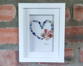 one of a kind Heart sea glass inspired blue and white tumbled pottery pendant beach pottery heart