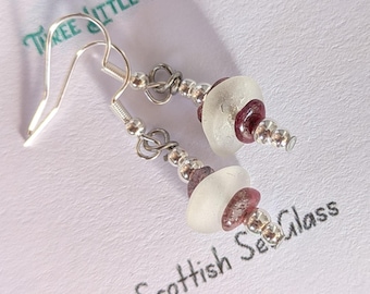 Handmade Scottish Sea Glass Earrings: Pink Tourmaline & Silver tone beads