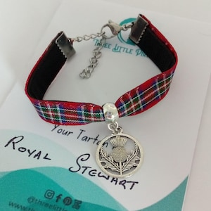 Handmade Tartan Ribbon Bracelet: Scottish Thistle Charm, Adjustable Celtic Jewelry