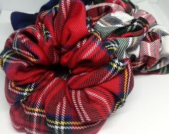 Tartan Hair Scrunchies, Scottish plaid hair ties, red Royal Stewart blackwatch hair elastics, hair accessories