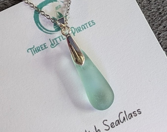 Aqua teardrop Seaglass pendant on a stainless steel chain, Scottish seaside jewellery