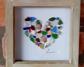 Seaside framed heart picture, scottish sea glass and shell heart mosaic, seaside wall art, shell picture, gift from scotland