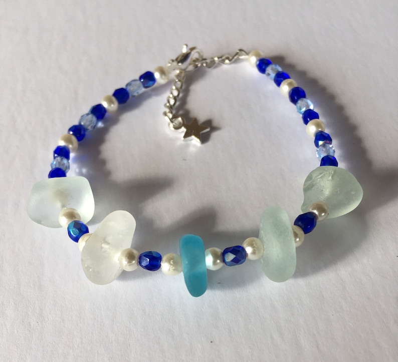 scottish seaside jewellery beach found glass bangle Blue Beaded seaglass bracelet