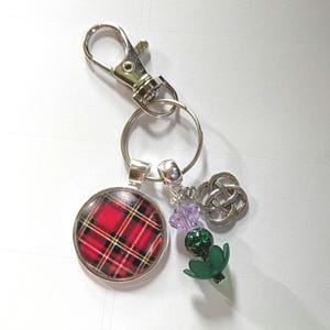 Scottish keyring, tartan keychain bag clip with thistle charms