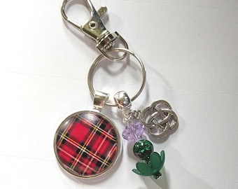 Scottish keyring, tartan keychain bag clip with thistle charms