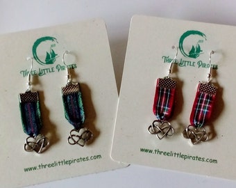 Scottish tartan earrings, infinity heart drop ear rings, dangly Celtic tartan accessories