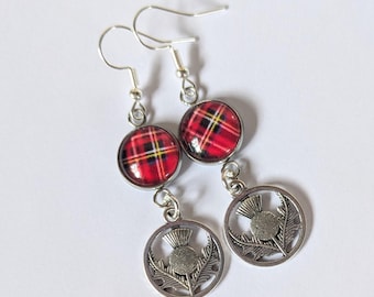 Thistle and tartan dangly earrings, royal Stewart jewellery handmade in Scotland
