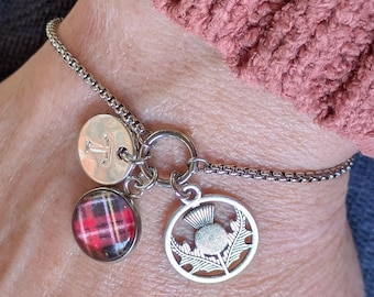 Adjustable thistle and initial charm bracelet, Scottish adjustable stainless steel bangle, handmade jewelry