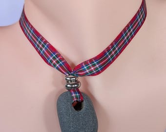 Hagg stone pendant, Scottish witches stone necklace with red tartan