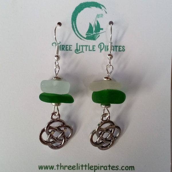 Green seaglass earrings, beach glass jewellery handmade in Scotland