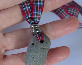 Hagg stone pendant, Scottish witches stone necklace with red tartan