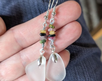 Handmade Scottish Sea Glass Earrings, Tourmaline & Silver tone beads
