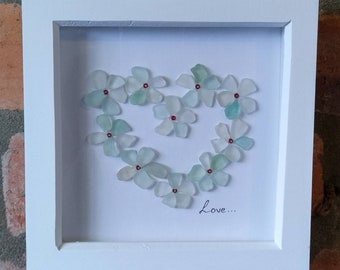 Sea glass love heart shaped wreath, framed Scottish beach glass art