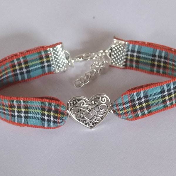 Love heart bracelet with scots tartan ribbon, Scottish plaid jewellery, handmade in scotland