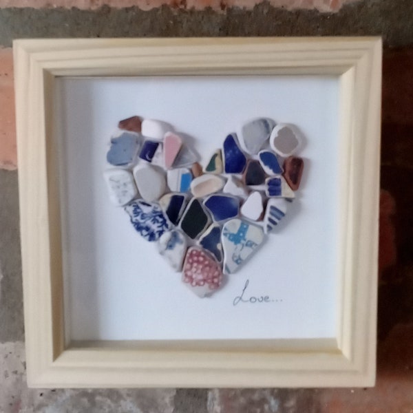 Beach pottery mosaic love heart, sea glass art, valentines gift, Scottish sea glass heart