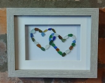Interlinking Love heart picture, Scottish sea glass art, double heart sea glass, anniversary birthday wedding gift
